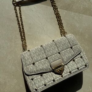 Michael Kors Studded Quilted Shoulder Bag - Beige Monogram